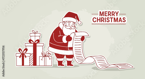 Jolly Santa Claus checking his long gift list surrounded by festive presents, wishing Merry Christmas to all