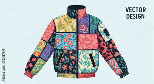 Vector art of colorful patchwork bomber jacket with floral and leaf patterns