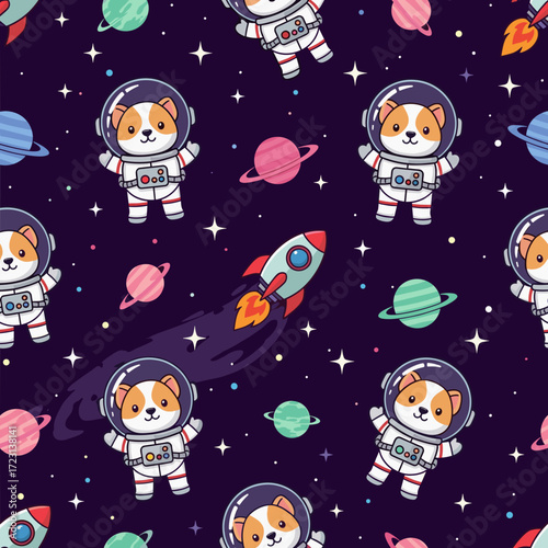 Cute cartoon dogs in astronaut suits explore the starry galaxy with rockets and planets Fun space adventure design