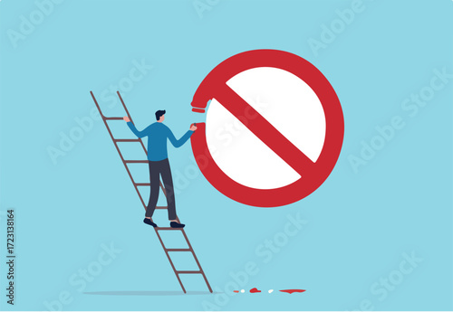 Prohibition or stop sign, forbidden, unlawful or not allow to do, attention and warning sign, banned or illegal concept, businessman climb up ladder to paint prohibition symbol on the wall. 
