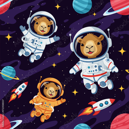 Cute camel astronauts explore space with rockets and planets Fun adventure for kids