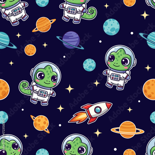 Cute astronaut chameleons exploring space with planets and stars Fun whimsical pattern for kids