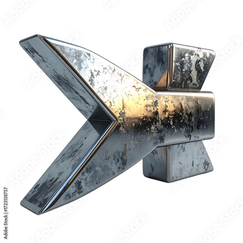 Weathered metallic arrow symbol,  V-shaped with a central block, showing texture and reflectivity