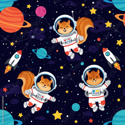 Happy cartoon squirrels in astronaut suits exploring space with planets and rockets Fun childrens design