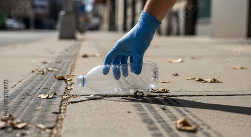 Hand in blue glove picking up plastic bottle from street.