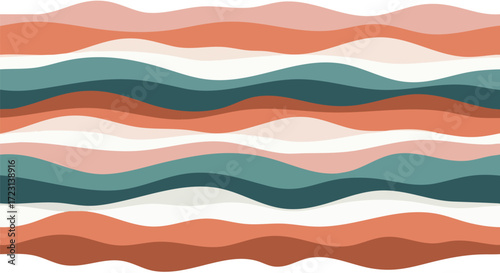 Vibrant abstract wavy layers in warm terracotta, teal, and blush pink create a modern, organic, and soothing visual texture