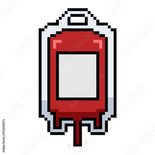 Pixel blood bag vector. Ideal for medical, health, and hospital themes. A modern, digital icon that merges a classic symbol with a pixelated, technology-inspired look.
