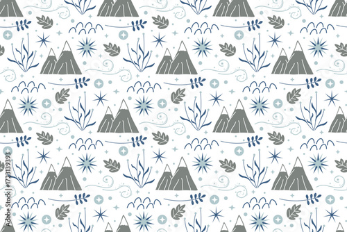 Natural seamless pattern. Christmas, winter holidays. Gray mountains with snow covered peaks, rare plants, snowflakes. Flat vector design. For wallpapers, textiles, packaging, backgrounds or websites.