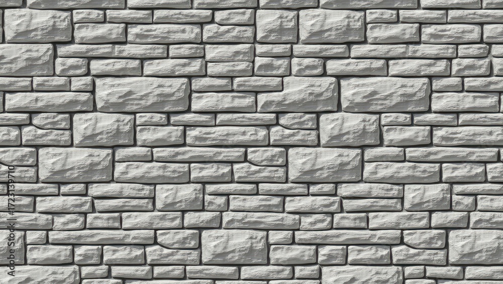 Obraz premium A light gray stone wall pattern displays rectangular, textured blocks arranged in a repeating pattern.