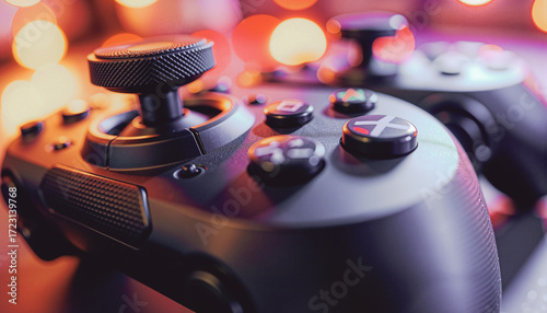 Gaming controllers placed on a colorful background with bokeh lights  
