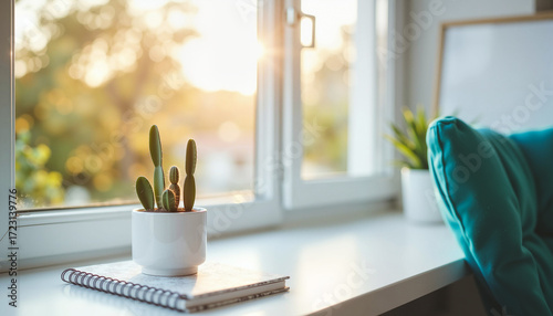 Modern interior with cactus plant and notepad on window sill at sunset  