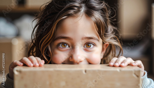 Young girl smiling while peeking over a wooden box in a nursery  