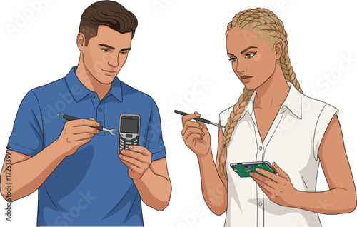Vector illustration of man and woman repairing electronic devices with tools, teamwork in technology repair, fixing gadgets, maintenance, technical service.