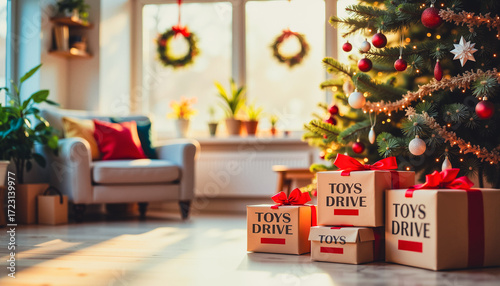 Christmas toys drive donation boxes by decorated tree in living room  