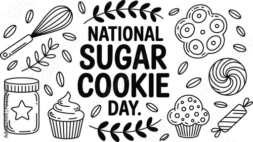 Whimsical doodle celebrating National Sugar Cookie Day with sweet treats and baking elements