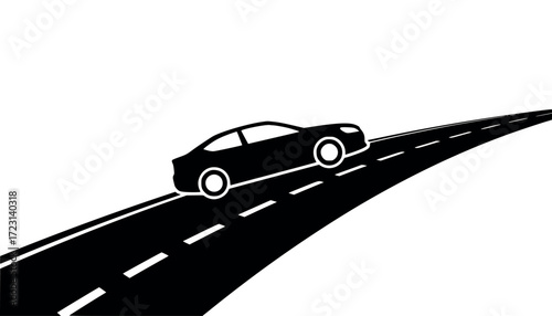 Vector art of black silhouette of a modern sedan car driving on a winding road