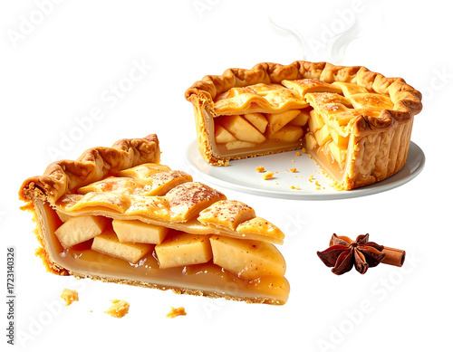 Golden-brown apple pie with flaky crust, showcasing a sliced piece and a whole pie on a white plate, alongside cinnamon and star anise.  Warm steam emanates from the freshly baked pie
