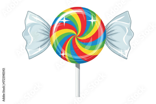 Colorful swirl lollipop candy with transparent wrapper
