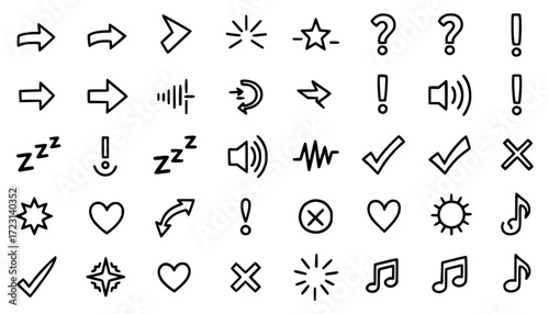Vector art of collection of handdrawn doodle icons and symbols, including arrows, question marks, stars, hearts, music notes, and more