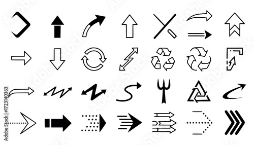 Vector art of collection of diverse arrow icons and symbols, representing direction, movement, and action in various styles