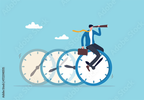 Time management, vision or effort to manage project and foresee problem or opportunity, work deadline or timer countdown, progress or development concept, businessman riding time passing clock.
