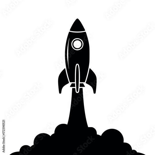 Vector art of black silhouette of a rocket ship blasting off with smoke and flames
