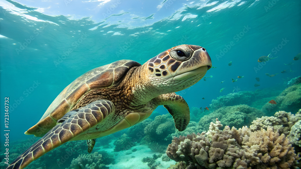 Obraz premium Majestic sea turtle gracefully swimming through vibrant coral reef, sunlit ocean, a peaceful underwater scene perfect for conservation or travel campaigns