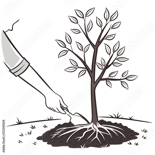 A hand using a trowel to plant a young tree with visible roots in the soil