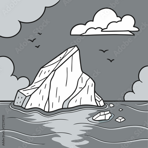 A stark monochrome illustration of a large iceberg floating in the ocean under a cloudy sky with birds flying