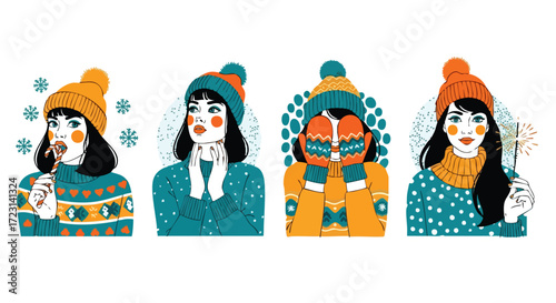 Vibrant winter fashion portraits showcasing festive holiday spirit with candy cane and sparkler fun