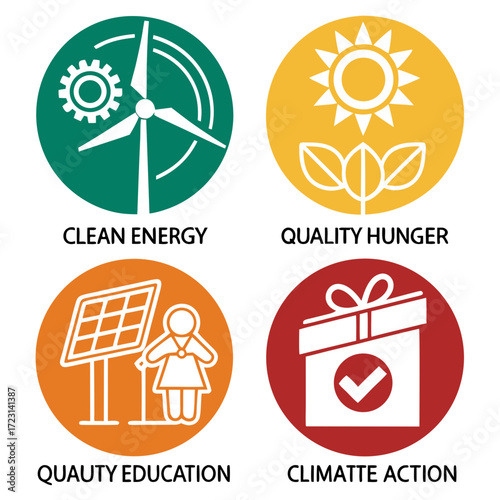 Four circular icons representing sustainable development goals clean energy quality hunger quality education and climate action