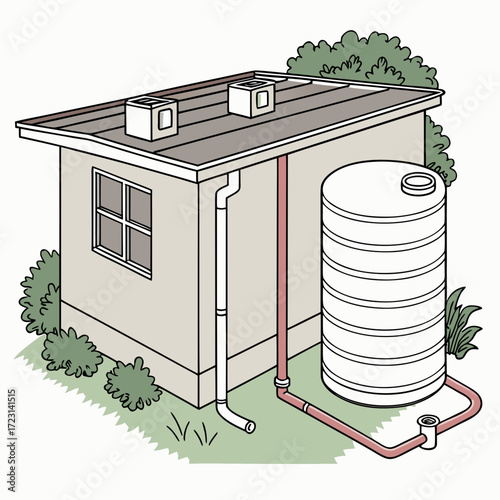 Illustration of a residential building with a rainwater harvesting system collecting water into a large storage tank
