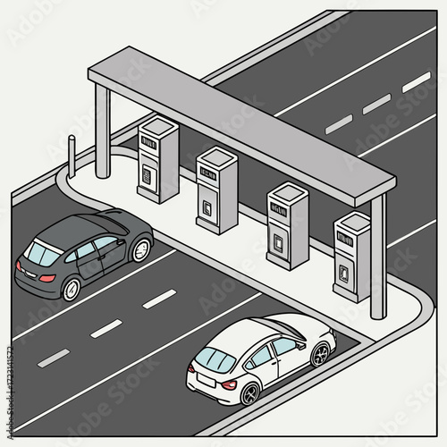 Isometric illustration of cars approaching toll booths on a highway with payment machines and lanes