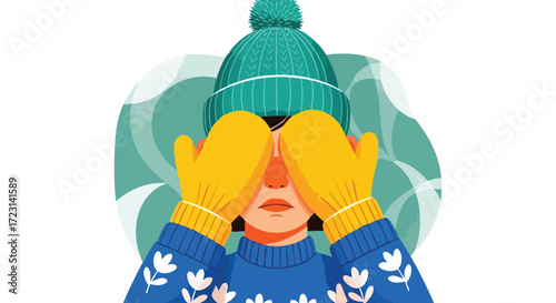 Playful winter hide and seek graphic with woman in colorful beanie and yellow mittens covering eyes, perfect for seasonal fun and surprise