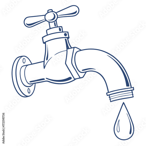 Simple line drawing of a water tap with a single drop of water falling from its spout