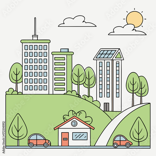 Stylized illustration of a modern eco friendly city with buildings trees cars and a sunny sky