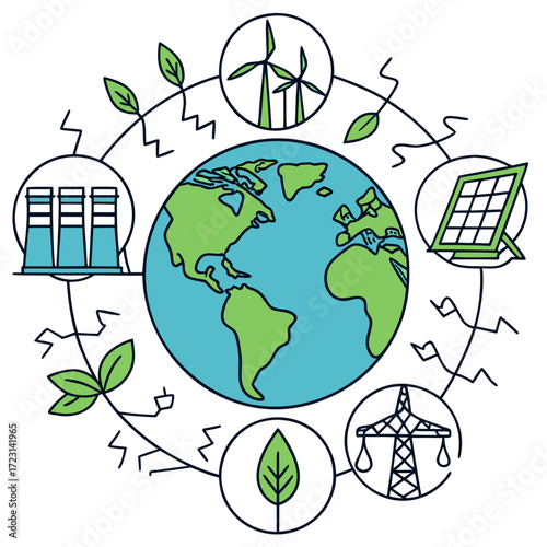 Sustainable energy sources powering the planet with wind turbines solar panels and factories around the world