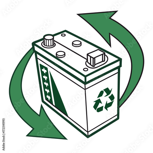 Car battery with recycling symbol and green arrows indicating reuse and sustainability concept