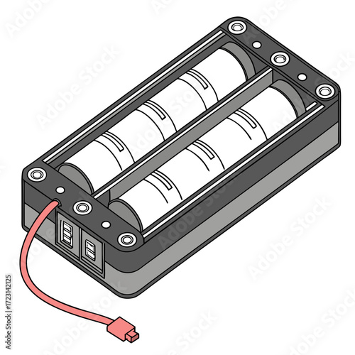 Isometric illustration of a black battery holder with four white cylindrical batteries and a red wire with a connector