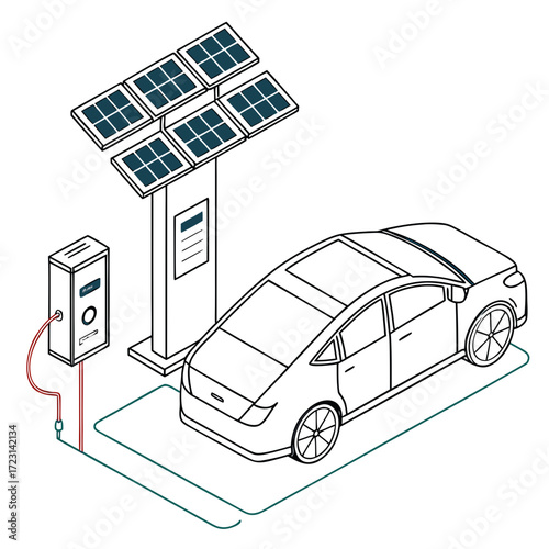 Illustration of an electric car charging station powered by solar panels in an isometric view