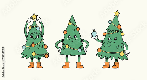 Whimsical cartoon Christmas trees cheerfully decorating with ornaments and star, bringing holiday joy and festive spirit