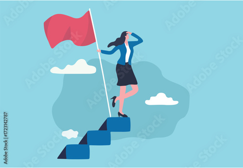 Success female entrepreneur, woman leadership or challenge and achievement concept, success businesswoman on top of career staircase holding winning flag looking for future visionary.