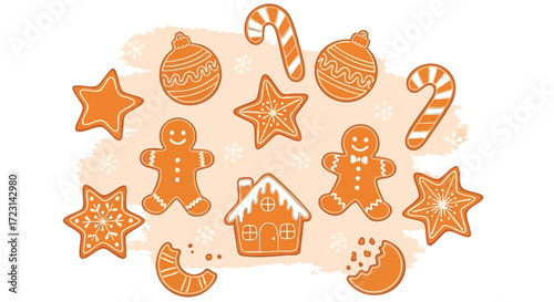 Whimsical gingerbread cookies and festive candy canes arranged playfully for charming holiday celebrations and sweet winter designs