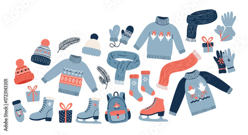 Cozy winter clothing essentials like sweaters, hats, scarves, gloves, and ice skates ready for cold weather adventures and gifting
