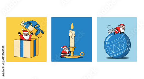 Joyful Santa Claus pops out of gift box, lights candle, and rides a festive blue ornament, spreading holiday cheer