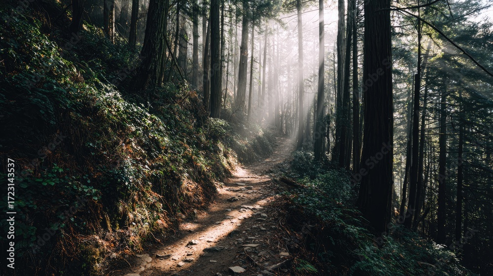 Obraz premium Serene Forest Pathway Capturing Sunlight Through Trees in a Misty Environment