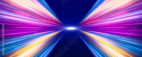 Fast-moving light trails slice through a tunnel of darkness, creating a scene full of kinetic energy. Laser-like beams shimmer and fade. A digital rush of momentum.