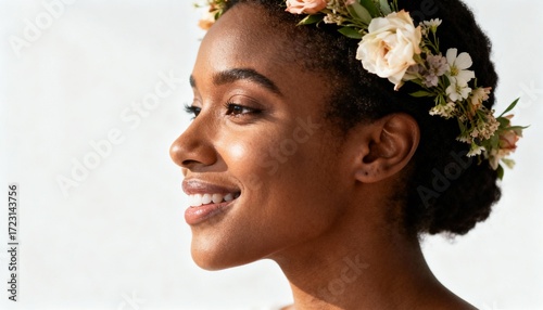 Portrait of a smiling Black woman wearing a flower crown