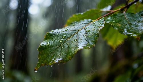 Rain Drops on a Leaf in the Forest