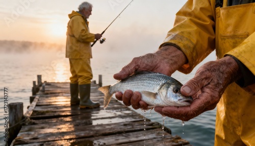 Fisherman Showing Fresh Catch at Sunrise